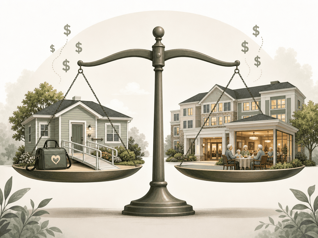 A balanced scale comparing a house with accessibility features and a home care bag on the left side against a welcoming senior living building on the right side, with dollar signs floating above both sides at the breakeven point.