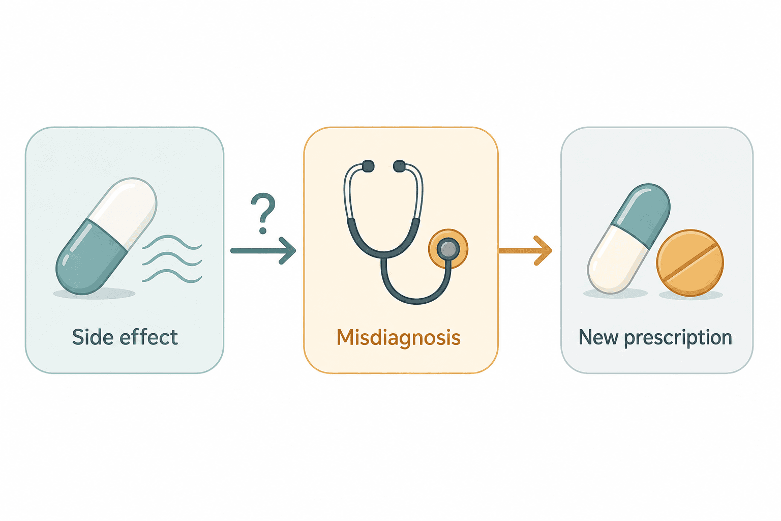 Editorial illustration showing a three-step prescribing cascade: a pill icon leads to a stethoscope icon representing a misread side effect, which leads to two pill icons representing a new prescription added.
