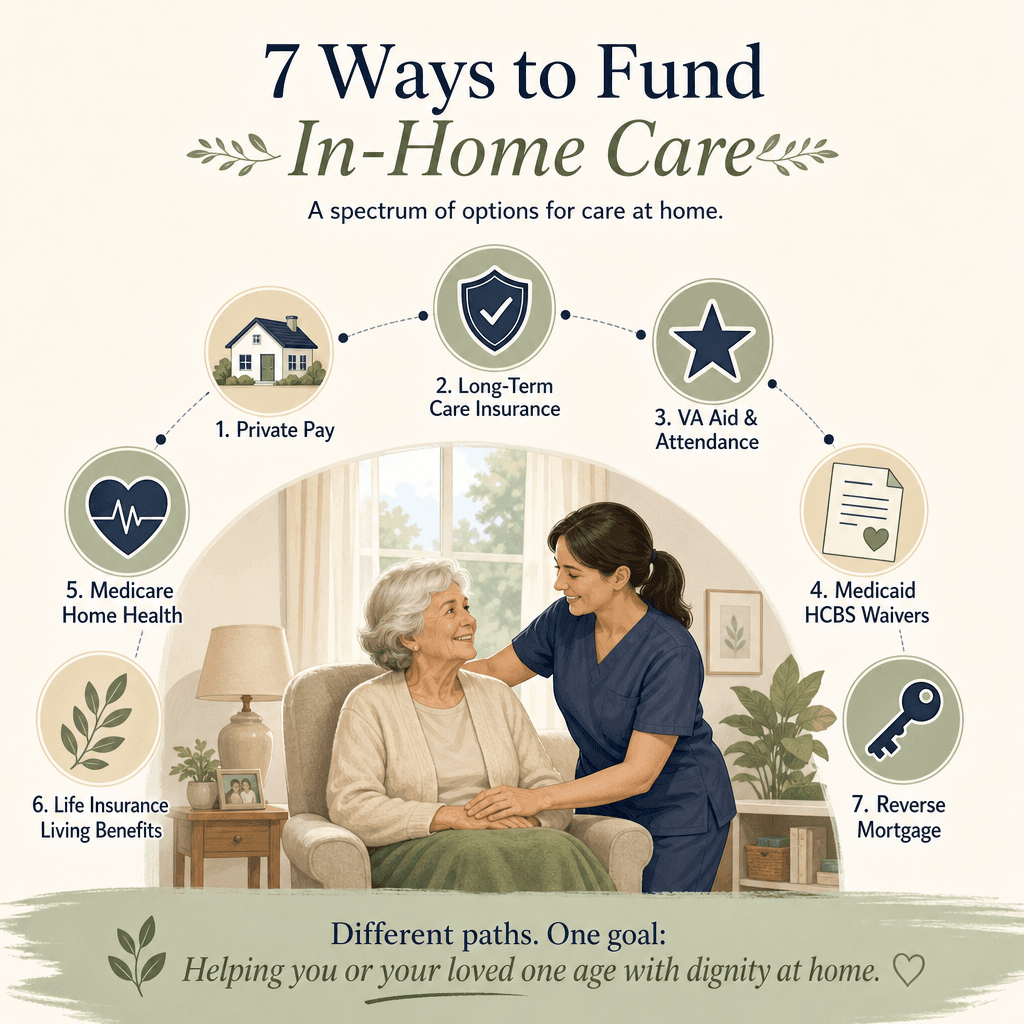 A clean editorial illustration showing seven icons arranged in a semi-circle, each representing a funding source for in-home care: a house, a shield, a star, a document, a heart, a leaf, and a key. A subtle silhouette of an older adult at home appears at the bottom. Warm earth tones of sage green, beige, and muted navy.
