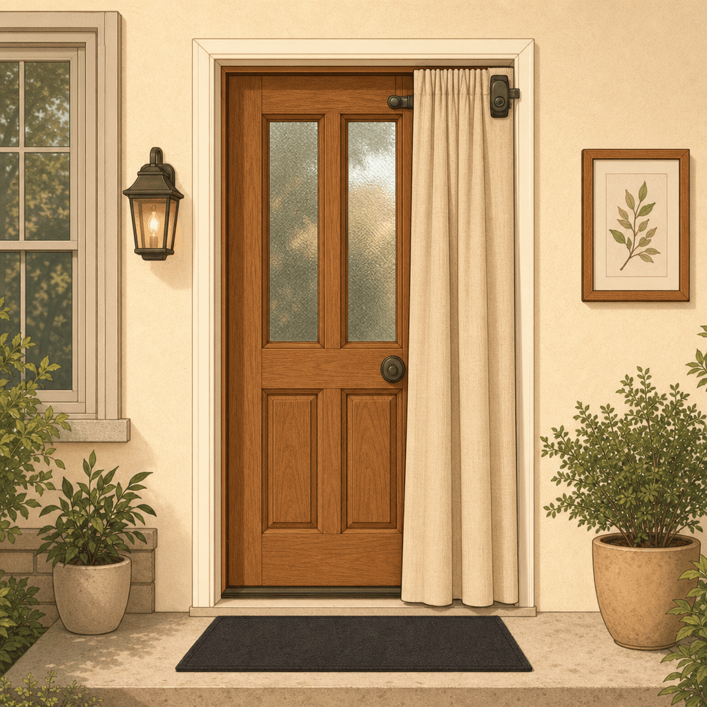 A residential front door showing a deadbolt positioned high on the frame, a soft curtain draped over the door handle area, and a dark pressure mat on the floor threshold.
