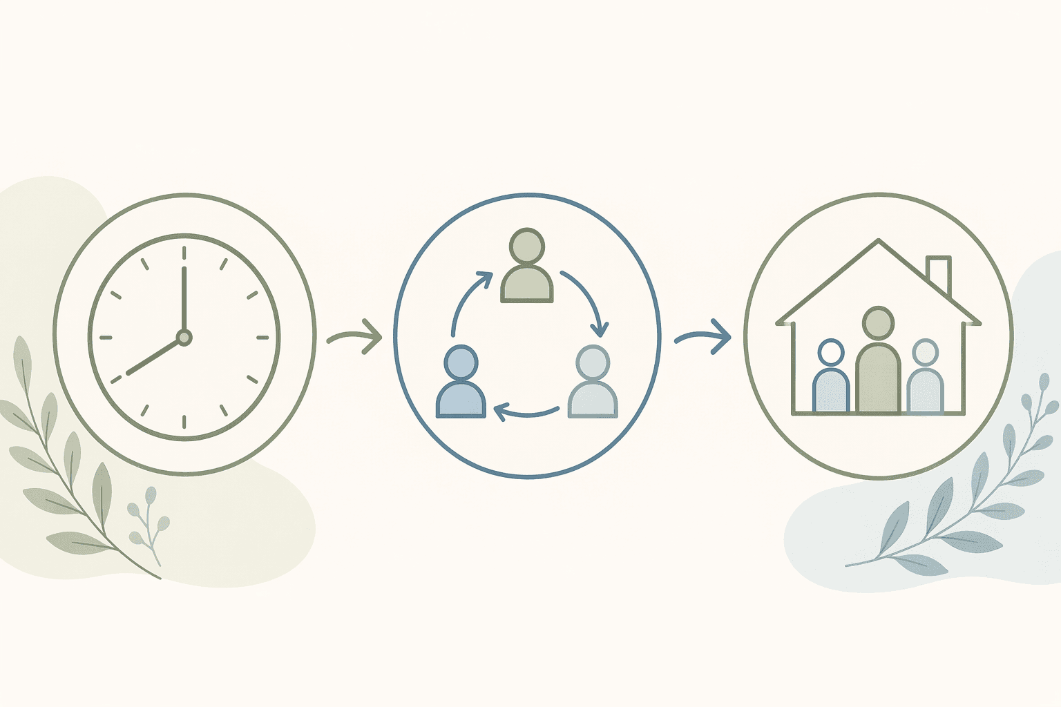 Three connected decision nodes: a clock representing 8 hours of safety alone, three abstract caregiver figures in rotation representing staff rotation tolerance, and a house outline with three figures inside representing home capacity for multiple caregivers.