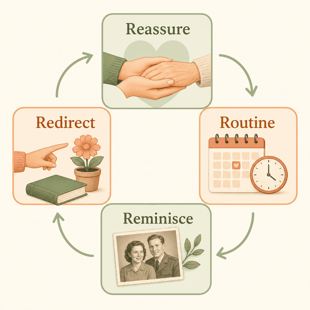 An editorial visual showing the Four R's framework for dementia care with four rounded panels arranged in a clockwise flow: Reassure, Routine, Reminisce, and Redirect.