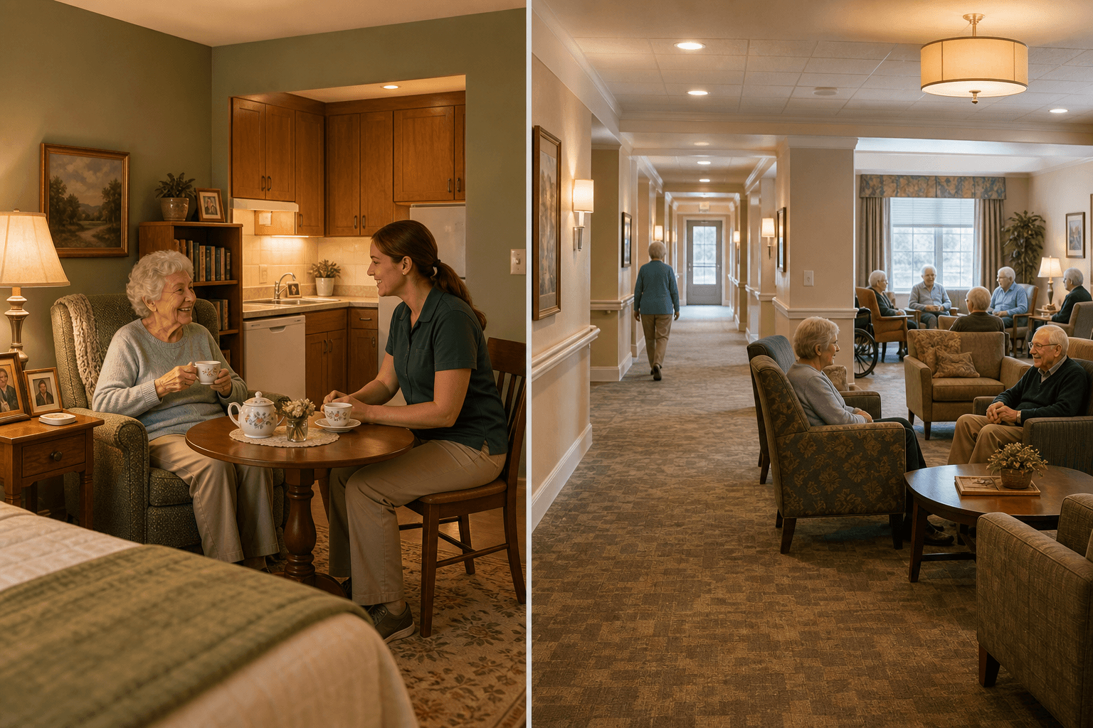 Split-view illustration comparing a cozy small-house suite with a caregiver and resident sharing tea on one side, and a traditional assisted living hallway with a residents' lounge on the other.