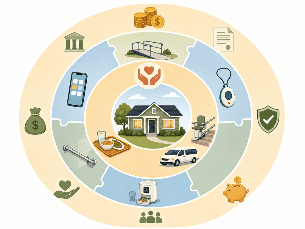 A flat vector editorial illustration showing a small house at the center surrounded by four concentric layers with icons representing care services, home modifications, assistive technology, and funding sources in warm green, blue, and amber tones