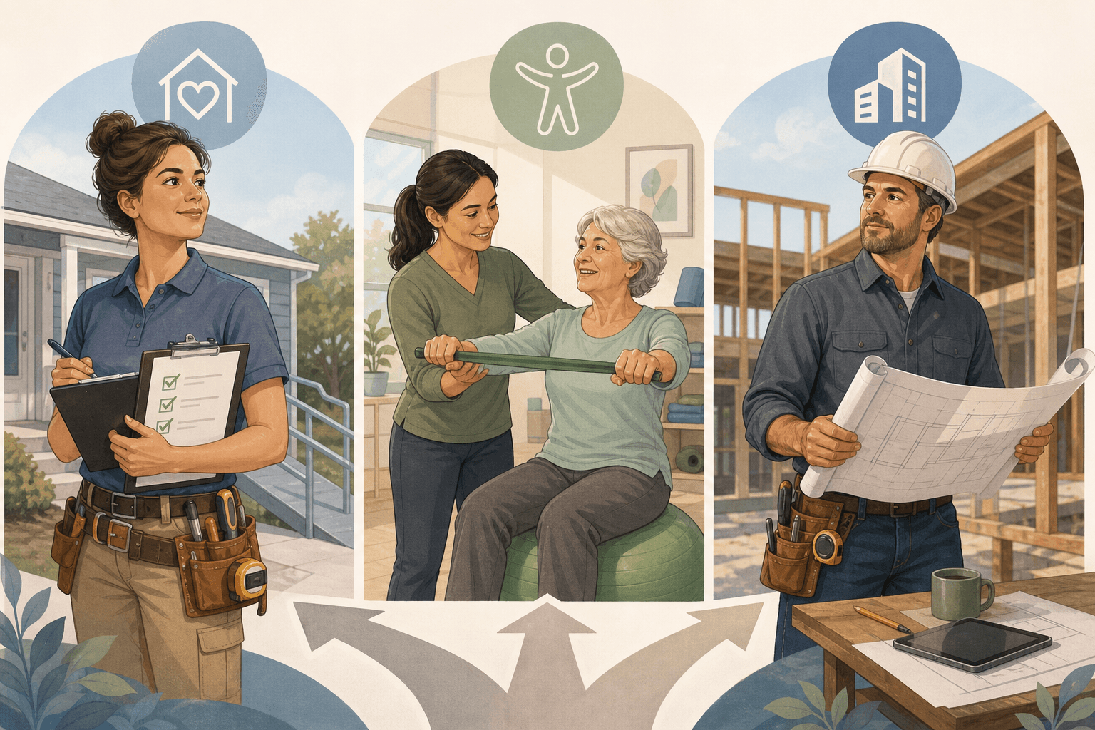 Three-panel comparison illustration showing a CAPS specialist with tool belt and checklist, an Occupational Therapist working with an older adult, and a General Contractor with hard hat and blueprints.