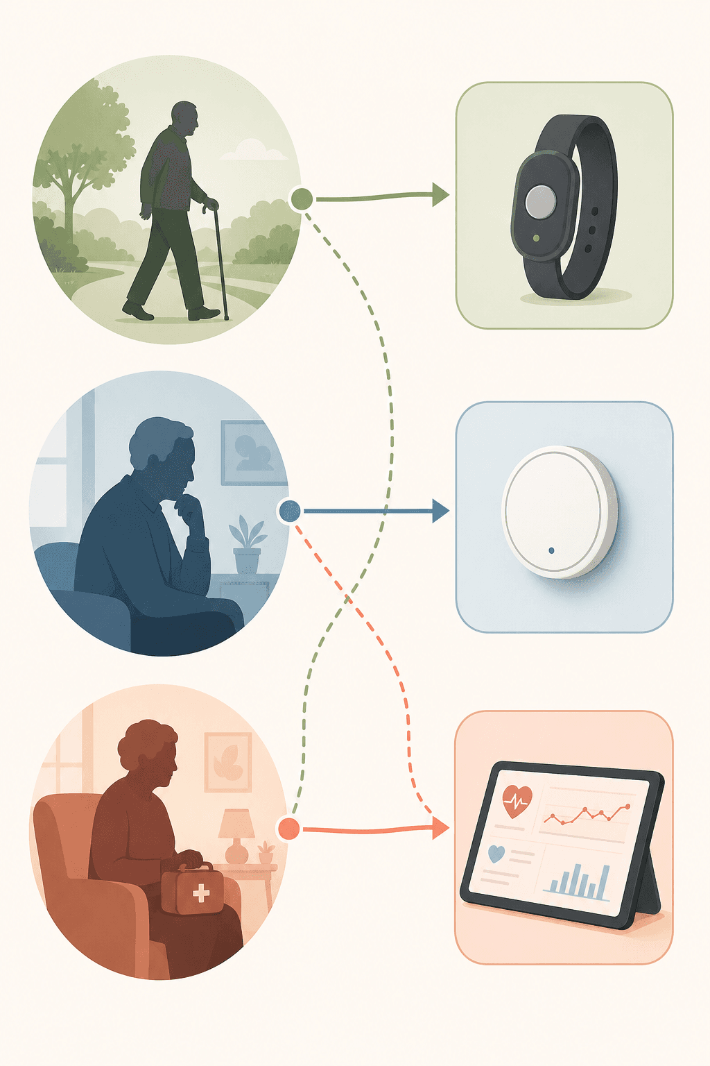 A decision flowchart illustration with three abstract senior silhouettes on the left representing different care scenarios, connected by soft arrows to three technology category icons on the right: a wearable pendant, a wall sensor disc, and a tablet with a health graph.