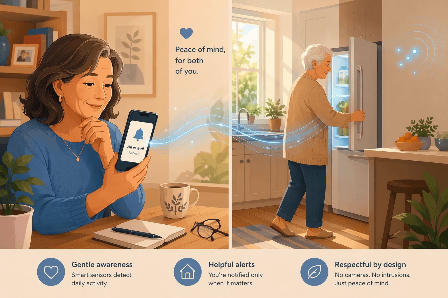 Split composition illustration showing a caregiver in a home office receiving a notification on her phone while her parent goes about daily activities in a kitchen with discreet motion sensors.