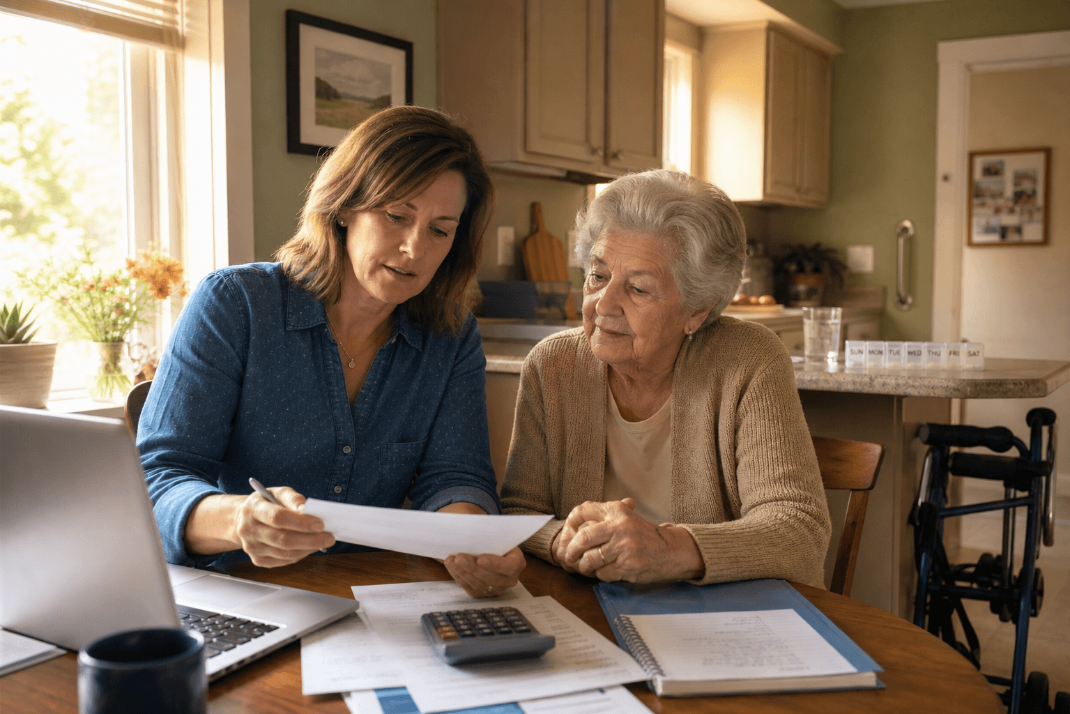An adult daughter in her 40s sits at a warm kitchen table with her elderly mother, a laptop open showing financial documents with a calculator and papers, while a pill organizer, grab bar, and walker are subtly visible in the background.