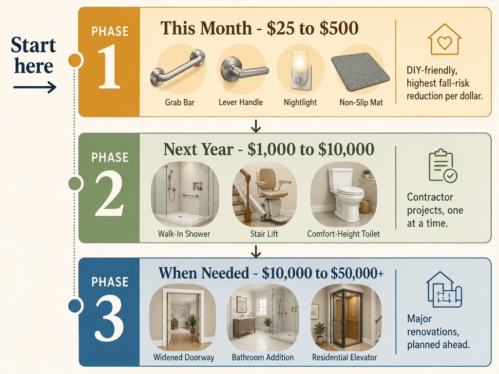 Editorial illustration showing a three-tier phased planning strategy: Phase 1 (this month, $25–$500), Phase 2 (next year, $1,000–$10,000), Phase 3 (when needed, $10,000–$50,000+).