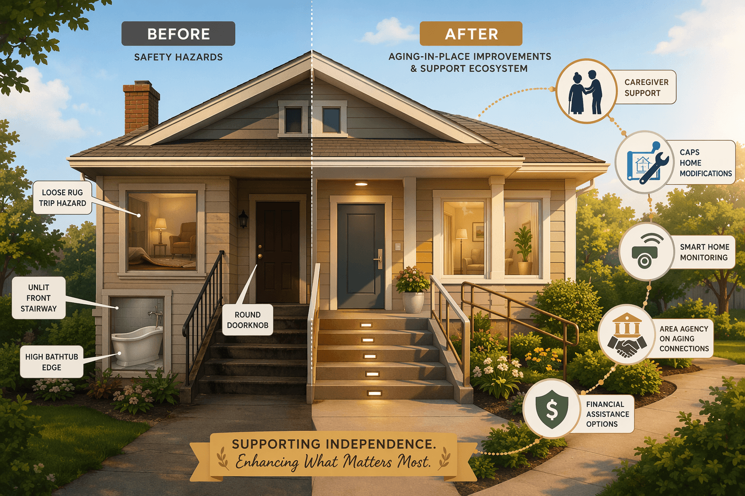 Split-view illustration of a house before and after aging-in-place improvements, with service icons floating around the home.