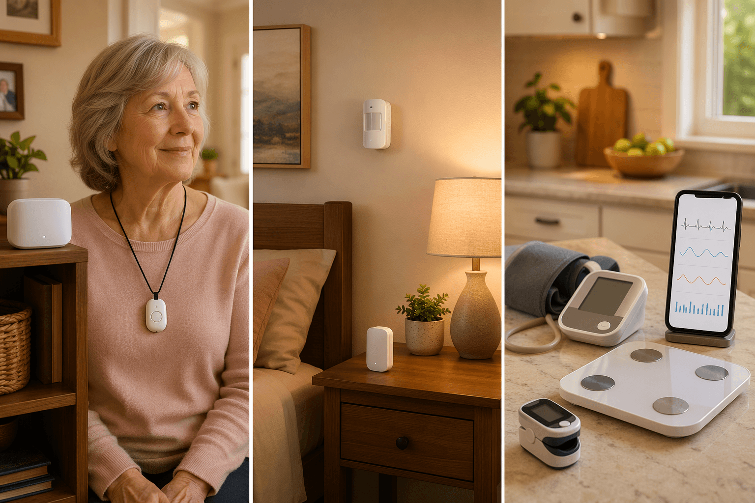 A warm-toned triptych illustration showing three monitoring scenarios side by side: a pendant and base station for medical alerts, wall-mounted motion sensors for passive monitoring, and a blood pressure cuff, scale, and pulse oximeter with a smartphone clinical dashboard for remote patient monitoring — all set in a cozy home with warm residential lighting.