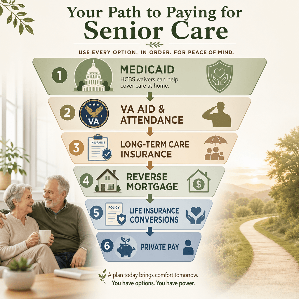 A priority ladder illustration showing senior care payment options in order from Medicaid at the top to Private Pay at the bottom.
