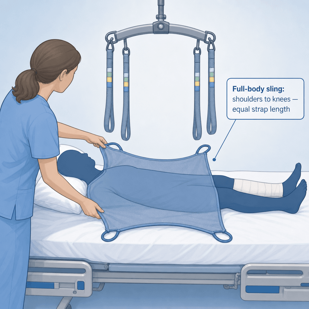 Editorial illustration showing a caregiver positioning a full-body Hoyer lift sling correctly on a care recipient lying in bed. The blue-grey sling extends from shoulders to just above the knees. A spreader bar with four equal-length straps hangs above.