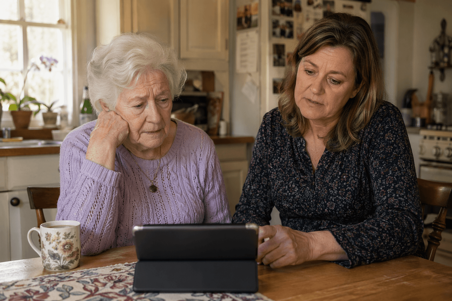 Older woman and adult daughter at a kitchen table in a tense moment around using a tablet