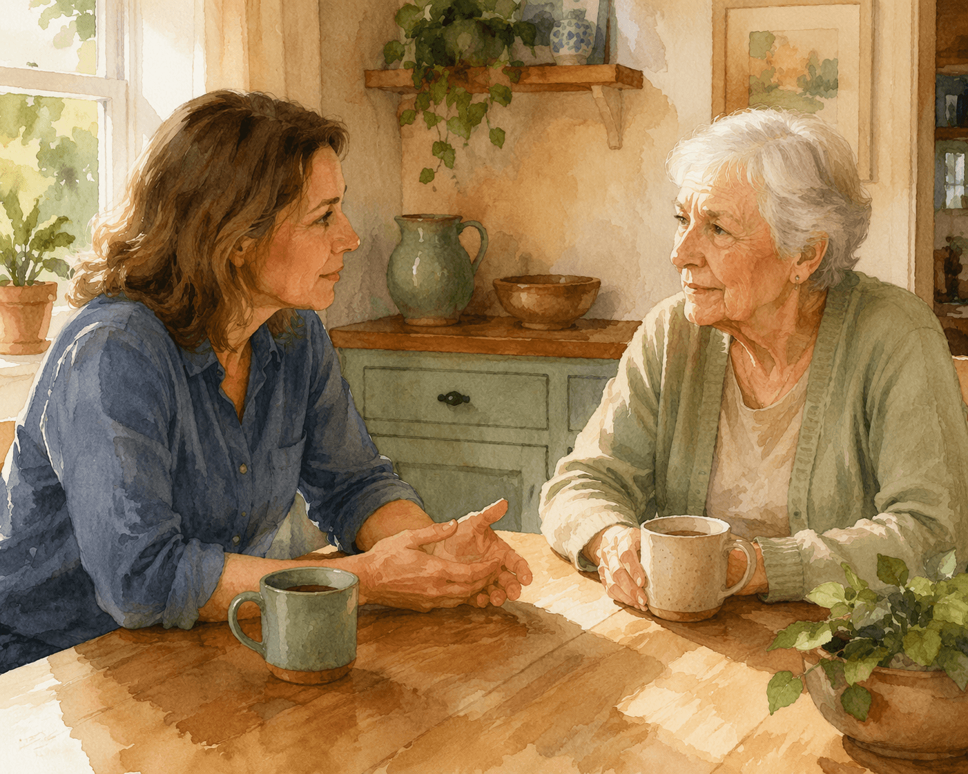 An adult child in their 40s sits at a home kitchen table across from an elderly parent. Sunlight streams through a window. Coffee mugs on the table. The adult child leans forward with open, listening hands. The elderly parent looks thoughtful and calm. Warm earth tones of sage green, warm tan, and muted blue.