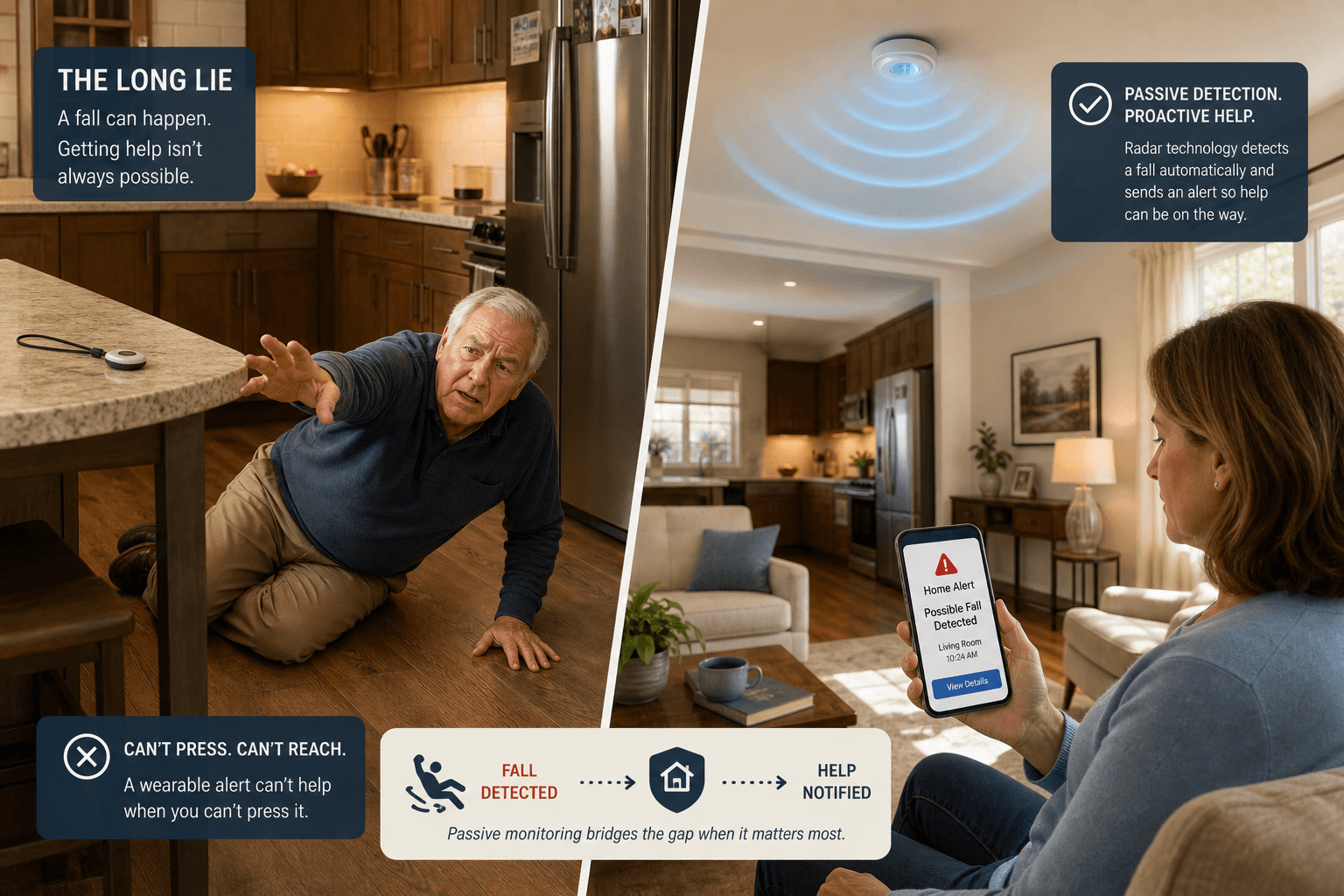 A split-scene editorial illustration showing the 'long lie' after a fall. On the left, an older man is on the kitchen floor after falling, unable to reach a medical alert pendant on the counter. On the right, a ceiling-mounted sensor emits a soft blue alert pulse, detected through radar and motion sensing. An adult child elsewhere receives a notification on their phone.