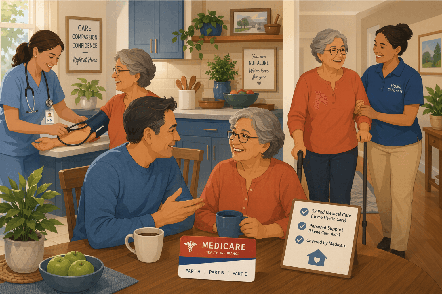 A middle-aged adult and an older parent sit at a kitchen table holding a Medicare card. In the background a nurse checks blood pressure and a home health aide assists with walking.