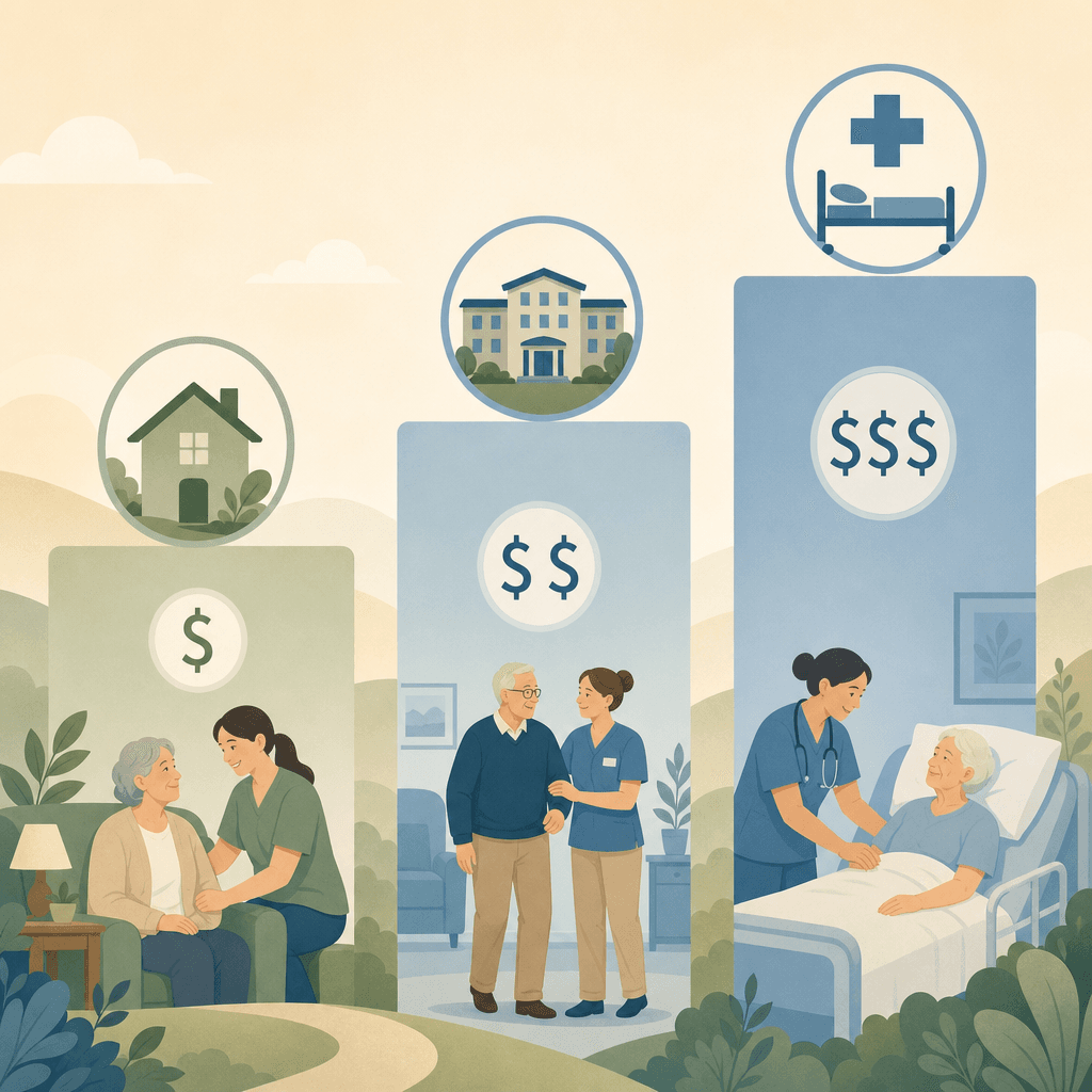 A flat vector illustration with three column segments comparing relative senior care costs: a house icon for in-home care, a building with helping hands for assisted living, and a medical cross with bed for nursing home, each with subtly different heights indicating cost levels.