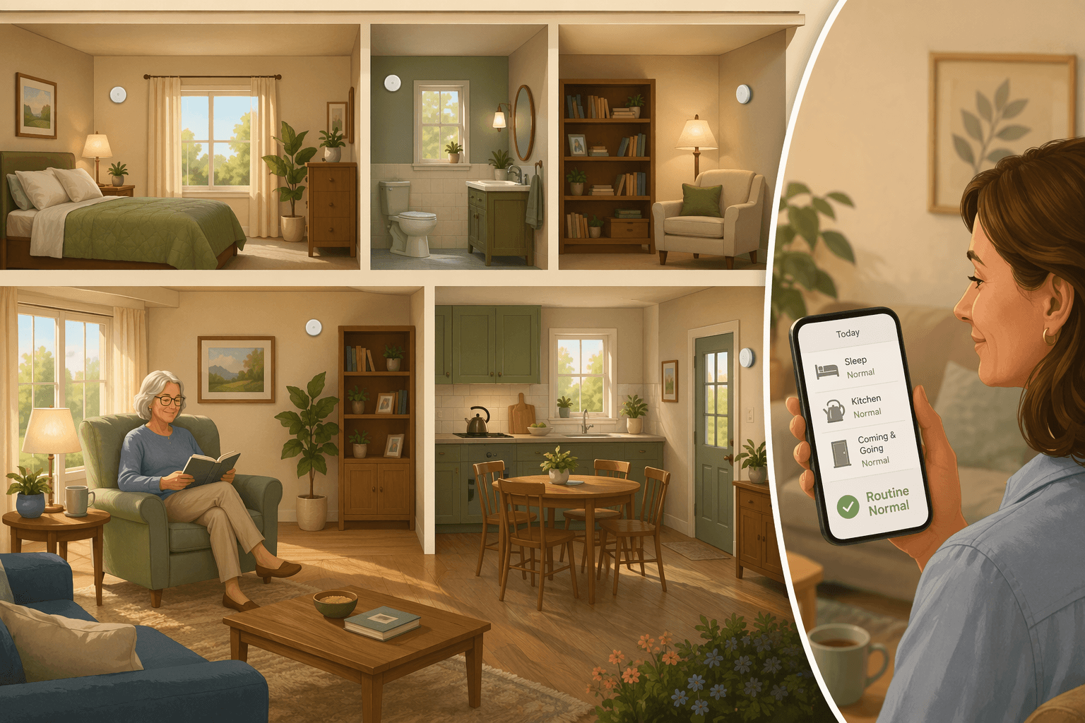 Multi-room home cutaway illustration showing an older adult reading in an armchair with discreet wall-mounted sensors and an adult child checking a smartphone with activity pattern icons.