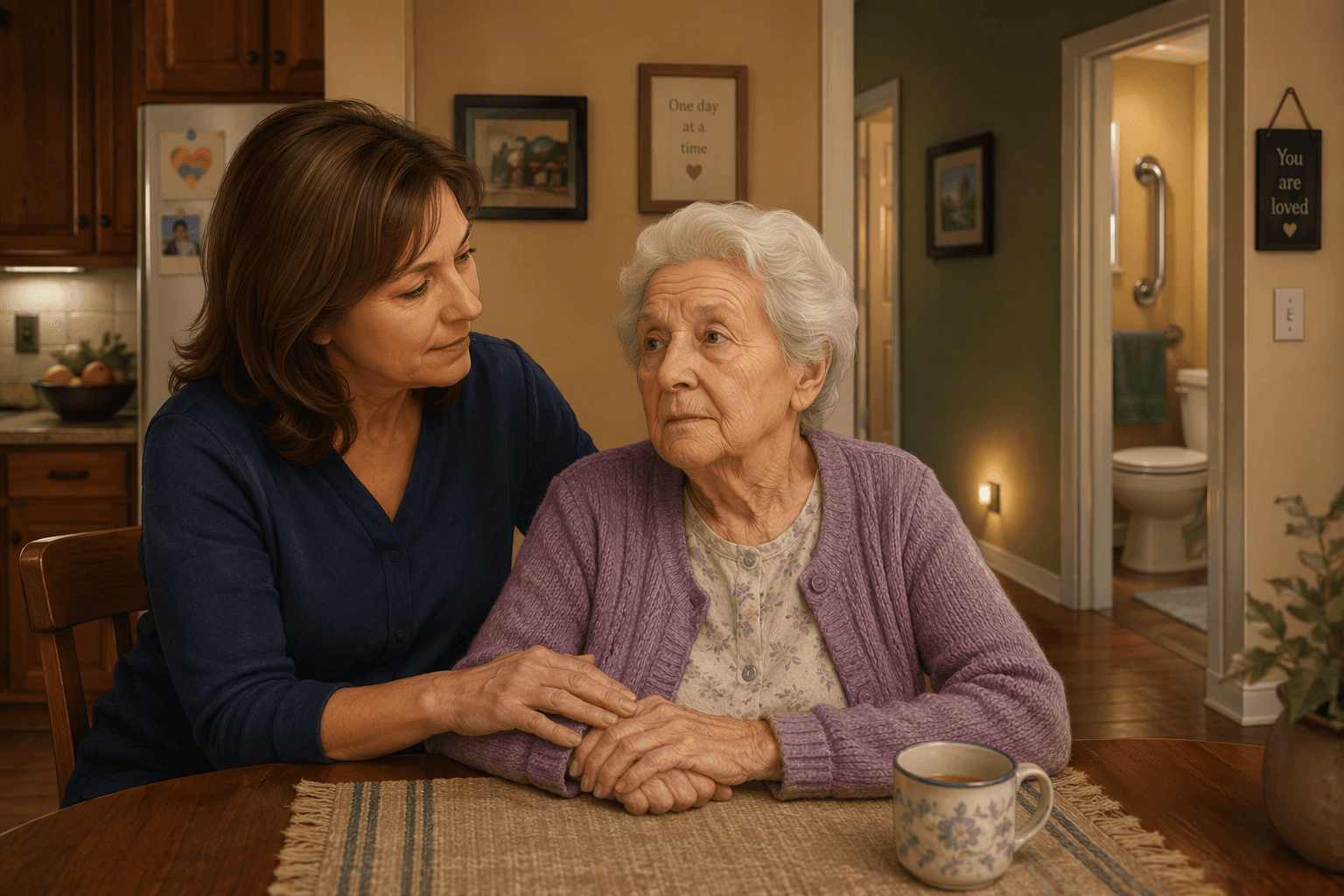 A warm illustration of a daughter and her mother with dementia sitting together at a kitchen table. The background shows subtle home safety modifications like a grab bar and nightlight.