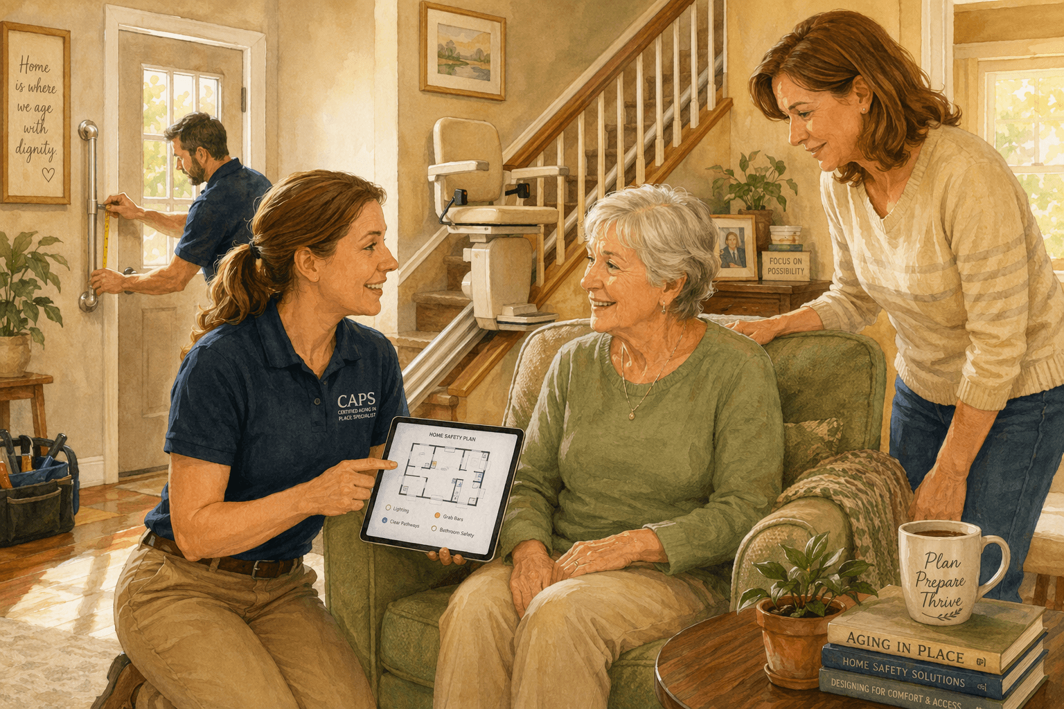 A CAPS-certified professional reviews a floor plan with an older adult and an adult child in a sunlit living room, with a grab bar and stairlift visible in the background.