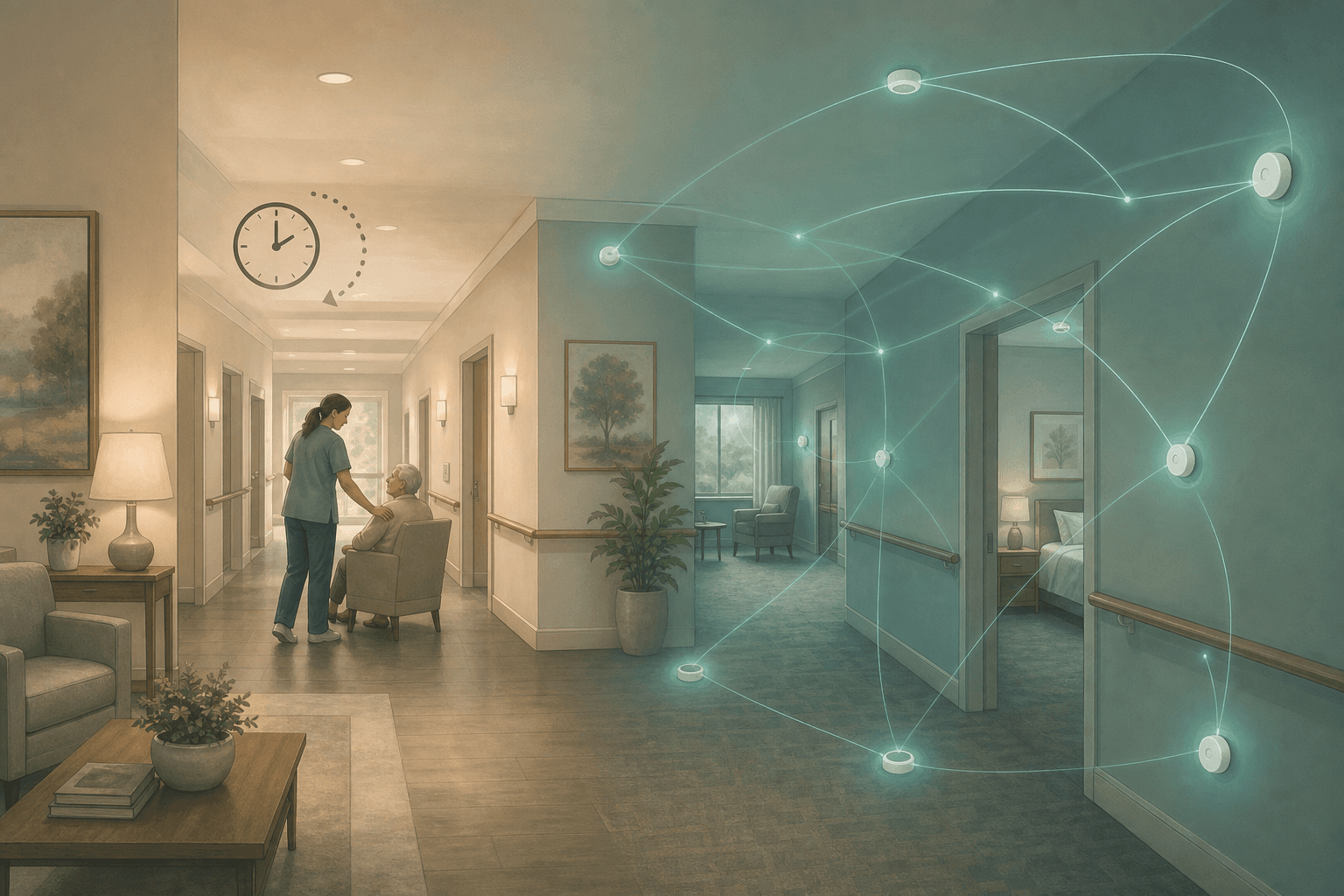 Editorial illustration: left side shows a softly rendered assisted living hallway with one staff member at a distance attending to a resident; right side shows small discreet sensor nodes on walls and ceiling emitting soft blue-green glow lines forming a gentle network pattern extending into areas the staff member cannot reach.