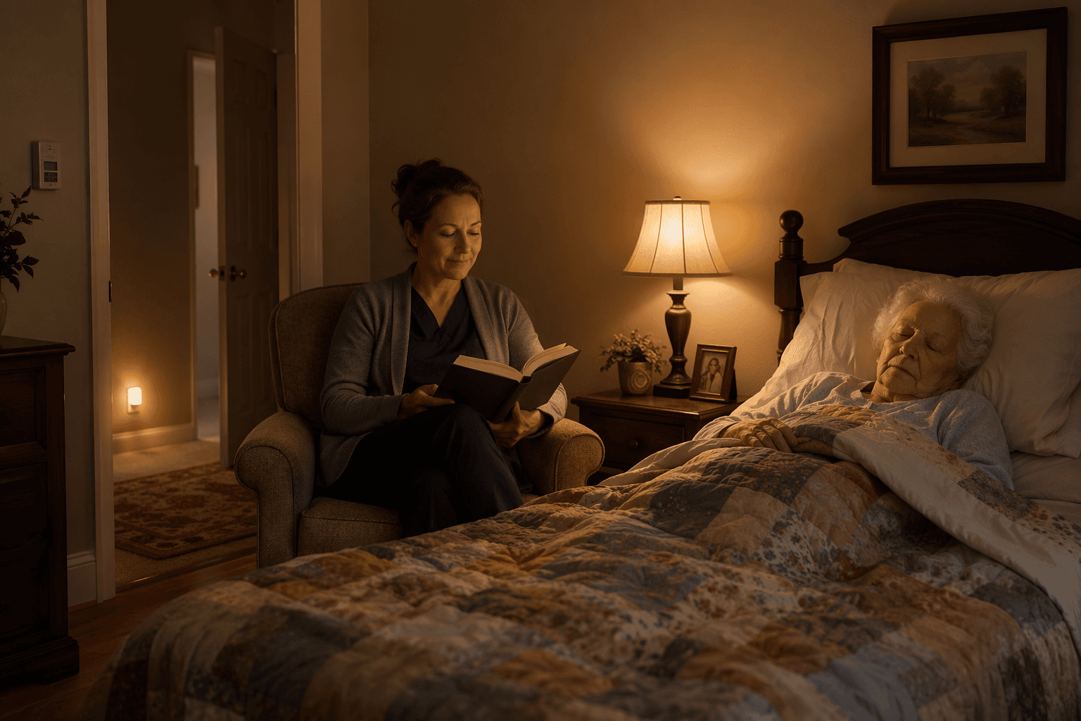 A warmly lit bedroom at night: a professional caregiver sits in an armchair reading by lamplight while an elderly person sleeps peacefully; a motion-activated nightlight glows in the hallway through an open doorway.