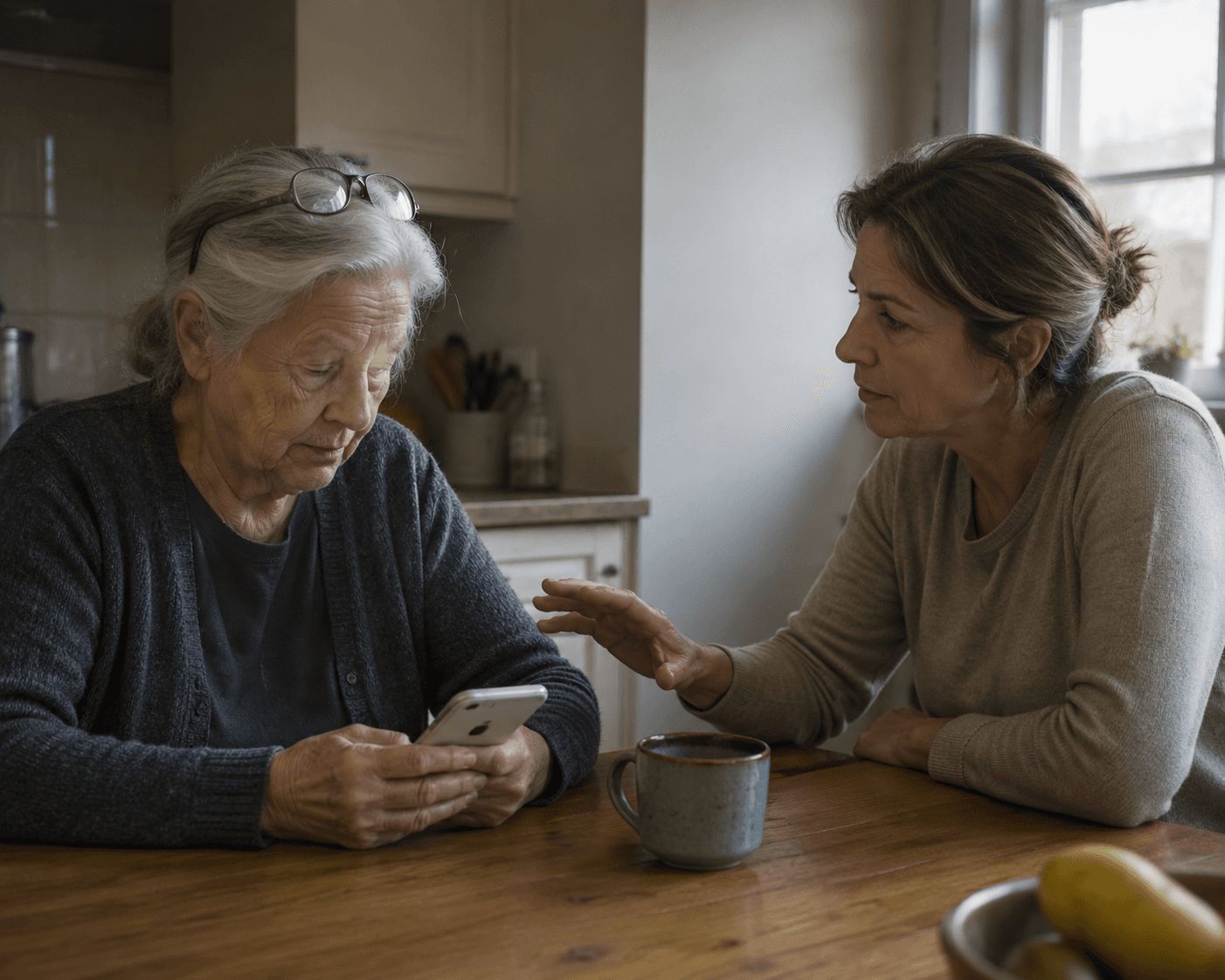 Older woman looking down at a smartphone at a kitchen table while an adult daughter leans forward to help