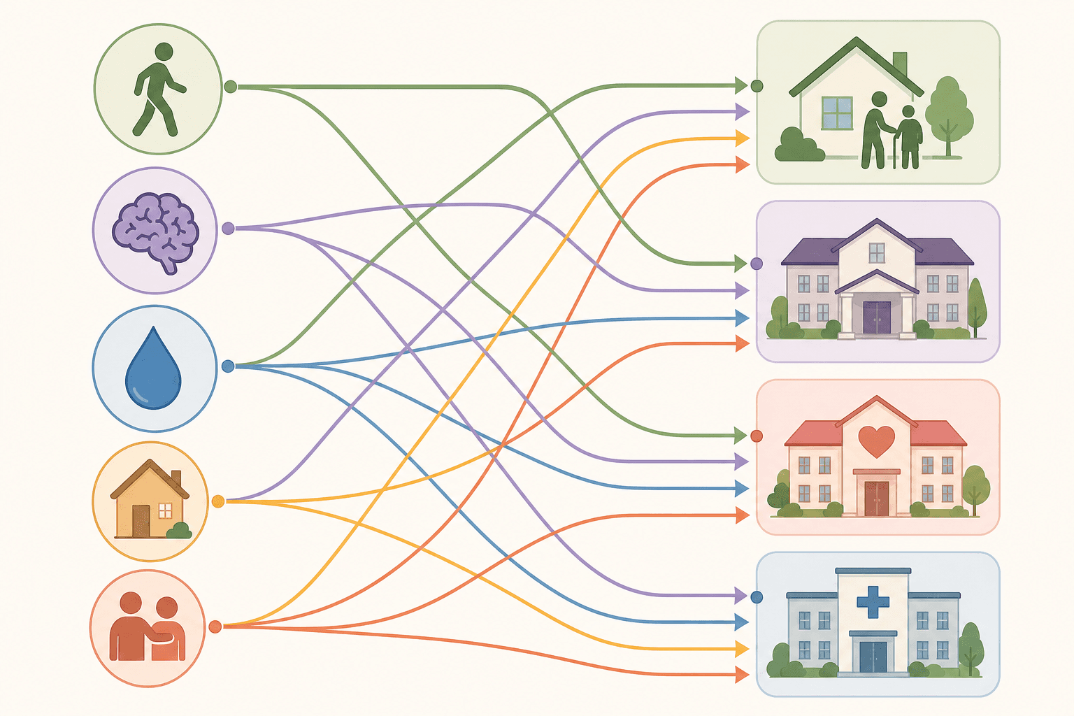 A clean editorial flowchart showing five signal icons on the left connected by flow lines to four care-setting building icons on the right.