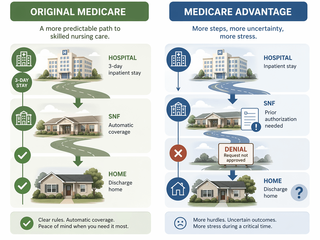A clean editorial comparison illustration showing two coverage paths side by side. The left path labeled 'Original Medicare' shows a road from a hospital with a 3-day badge to a SNF building with automatic coverage green checkmarks to home discharge. The right path labeled 'Medicare Advantage' shows a road from a hospital to a SNF building with a prior authorization document icon and a denial sign, then home with a question mark.