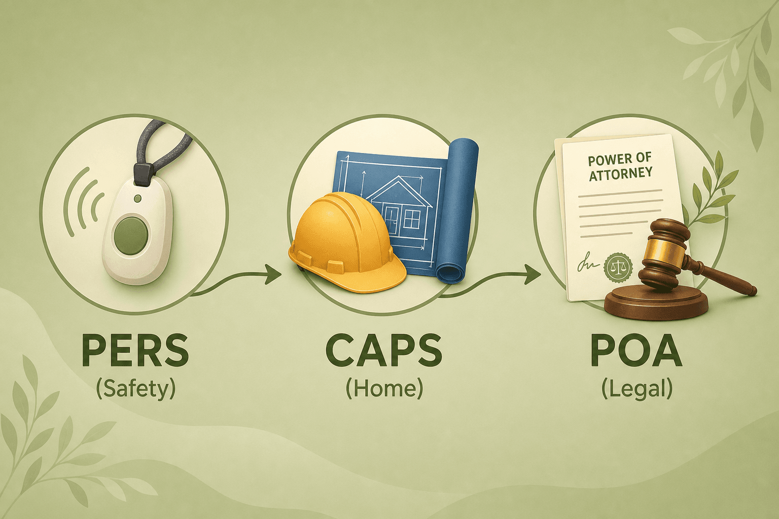 Three flat vector icons arranged horizontally on a soft sage green background, connected by flowing arrows: a wearable pendant labeled PERS (Safety), a hard hat over a blueprint labeled CAPS (Home), and a legal document with a gavel labeled POA (Legal).