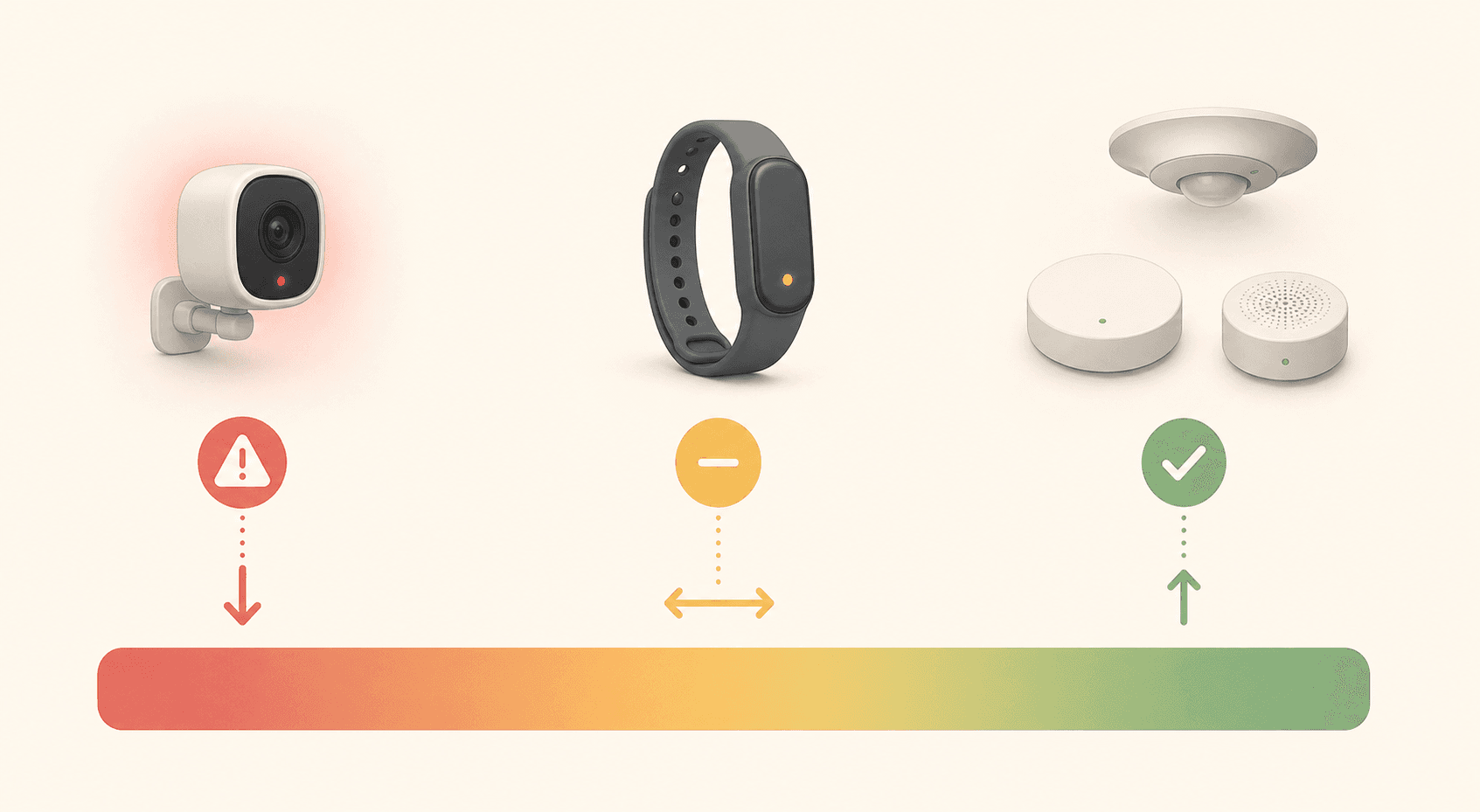 Horizontal spectrum illustration showing three monitoring approaches: a camera icon with red caution and low acceptance arrow; a wearable band icon with yellow moderate acceptance; and three abstract sensor nodes with green checkmark and highest acceptance arrow.