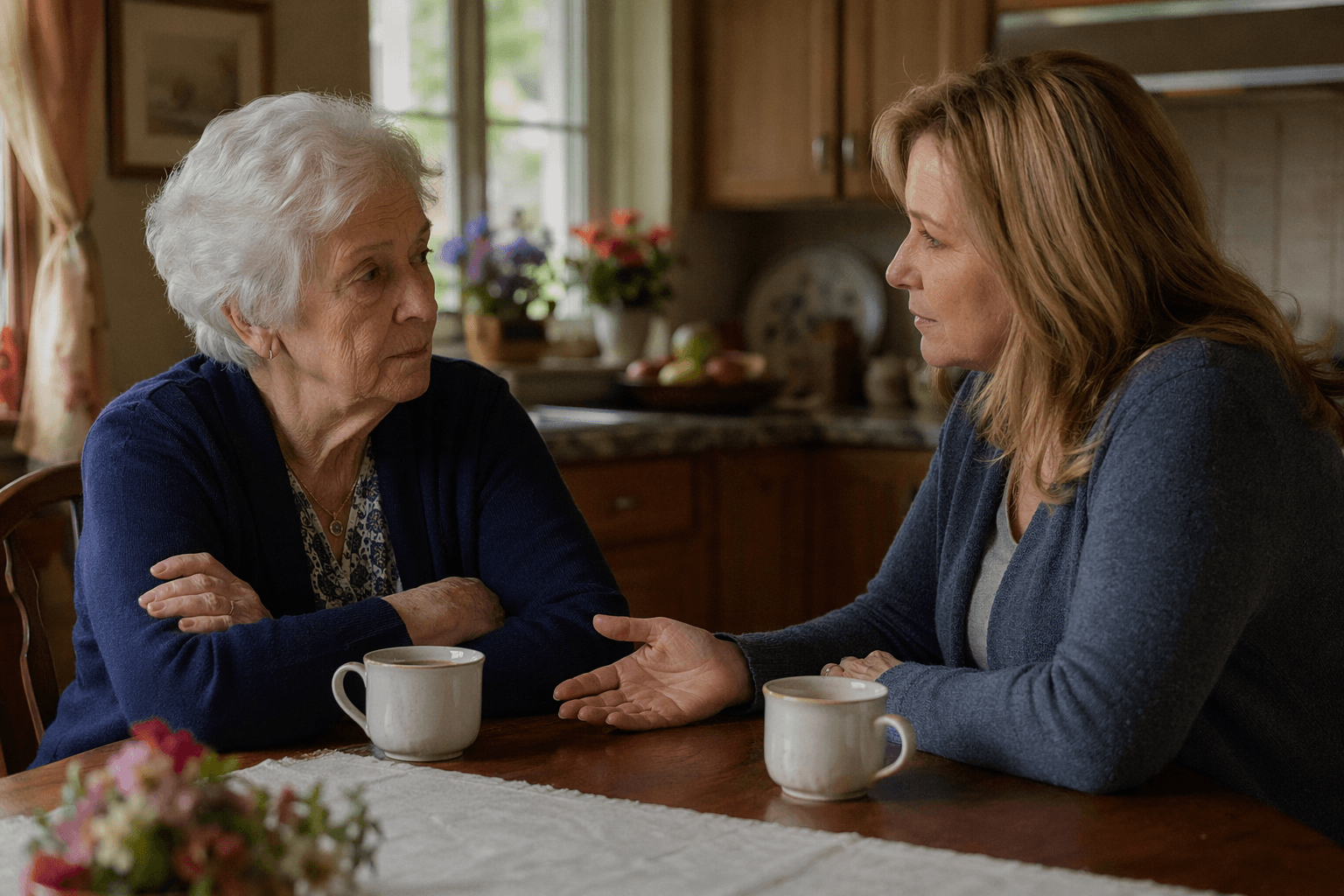 A close interior view of a kitchen table scene: an elderly woman sits with arms crossed, looking guarded, while a middle-aged woman leans forward with a caring expression, two coffee cups between them.