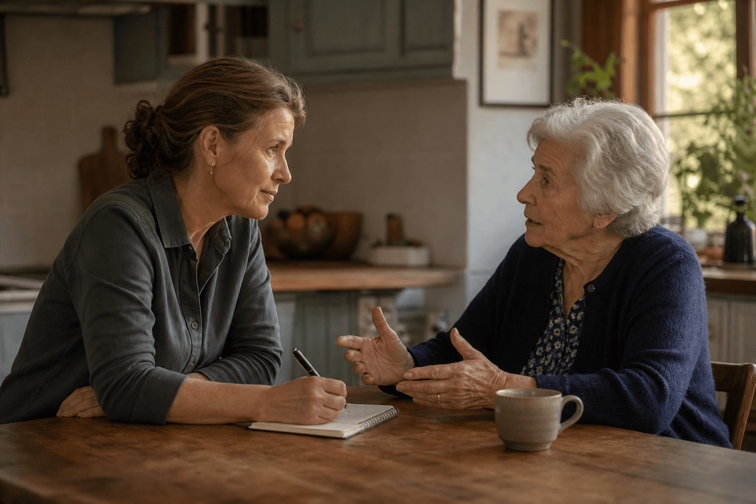 A woman in her early 50s sits across from her elderly mother at a kitchen table, leaning forward attentively with a notepad between them in warm natural light.