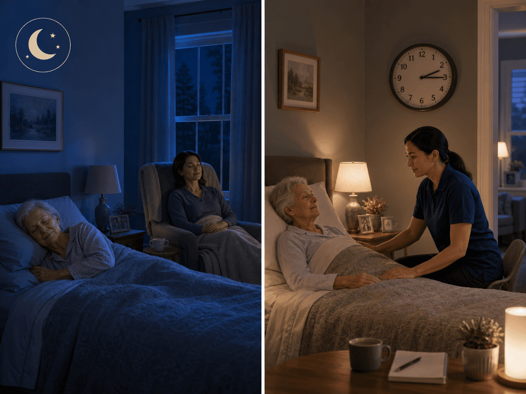 A side-by-side editorial illustration showing two nighttime home care scenarios: on the left, a peaceful sleeping senior with a resting caregiver representing live-in care; on the right, an awake, attentive caregiver monitoring a senior at night representing shift-based 24/7 care.