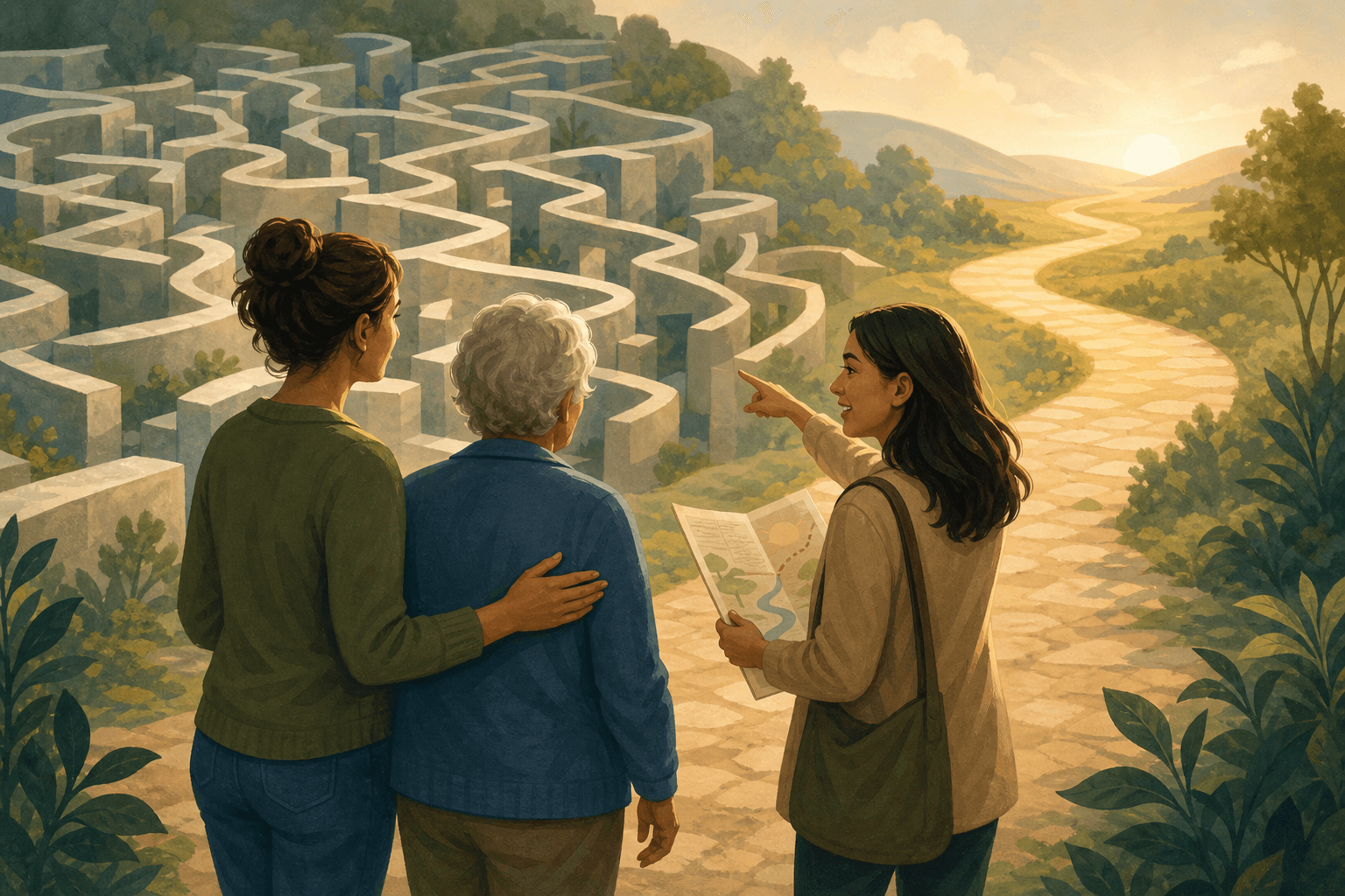A warm editorial illustration showing a family caregiver and older parent at the base of a complex maze-like pathway. A friendly guide figure with a map points toward a clearer path. Soft earth tones. Hopeful and empowering mood.