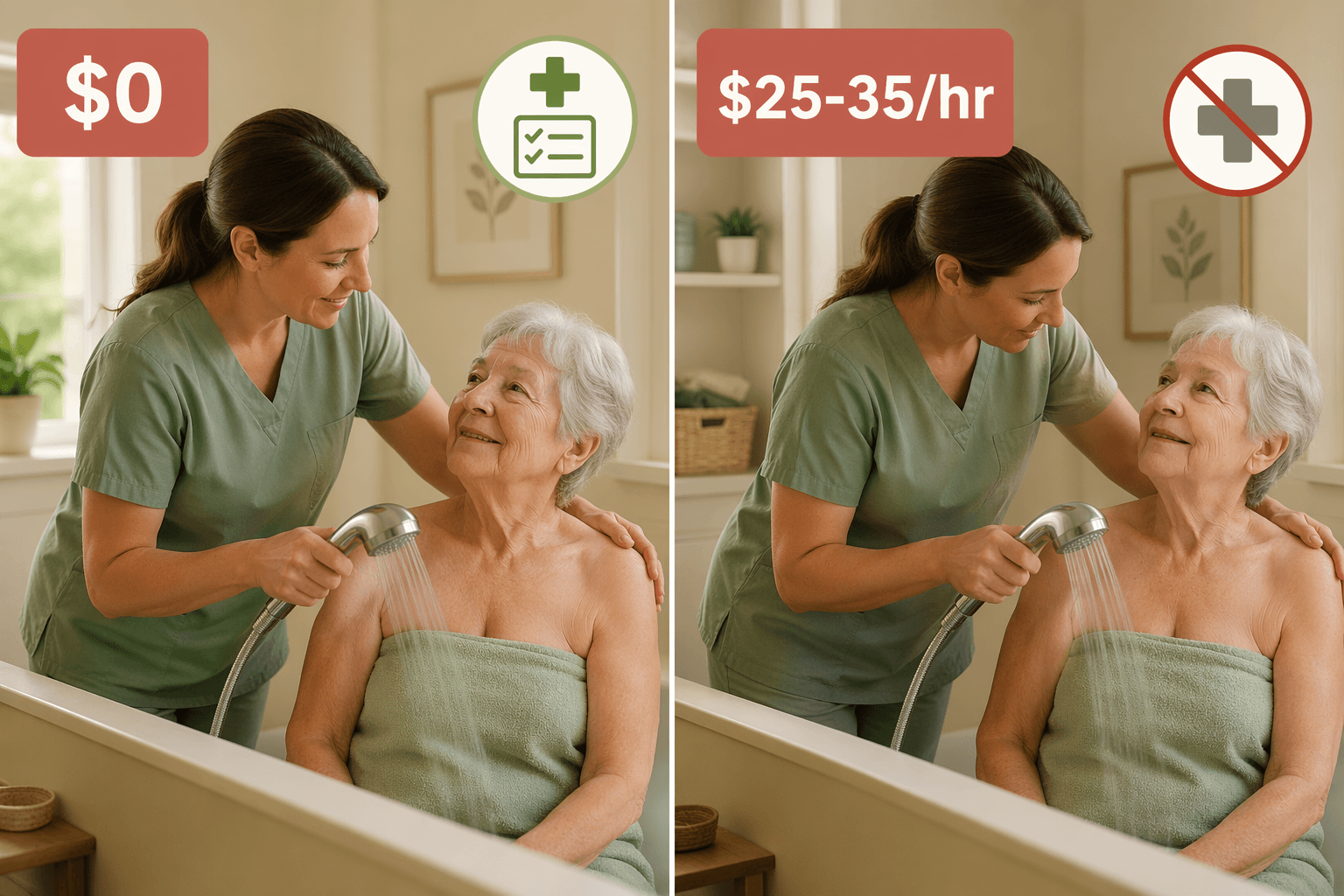 Side-by-side comparison: same bathing scene on both halves, left labeled $0 with a medical icon, right labeled $25-35/hr with a crossed-out medical icon, on warm cream and sage green tones.