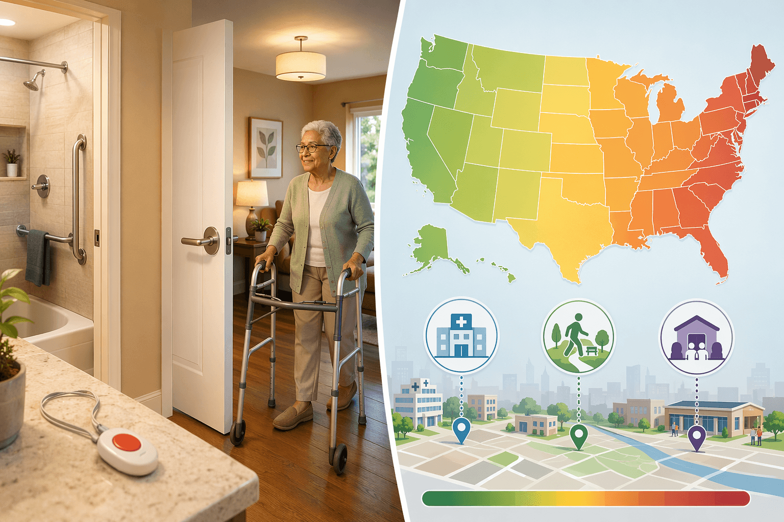Split-composition editorial illustration: left side shows a warm home interior with bathroom grab bar, lever door handle, good lighting, medical alert pendant, and an older adult using a walker; right side shows a stylized United States map with green-to-red cost gradient and hospital, walkability, and senior center icons.