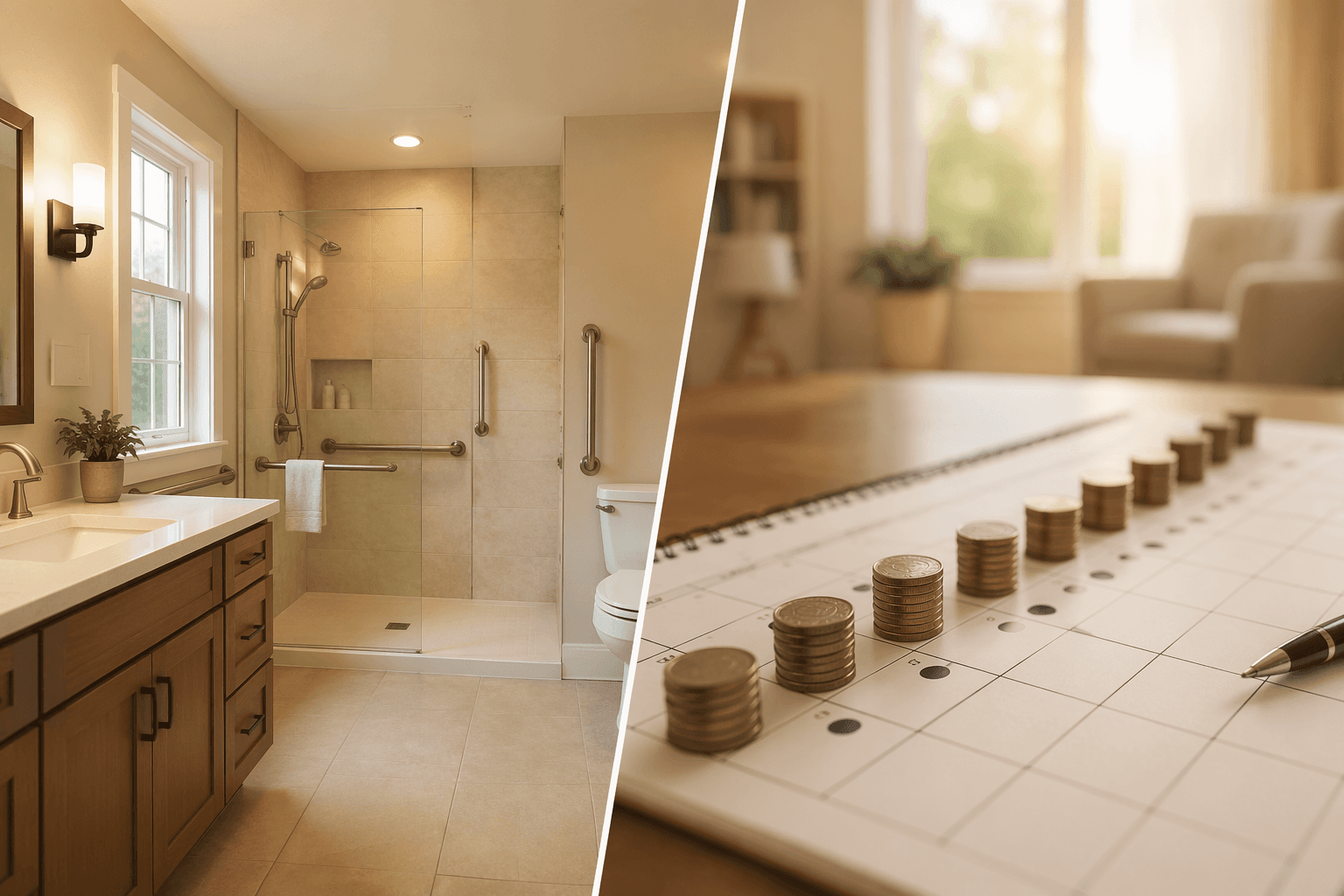 A split visual showing an accessible bathroom with walk-in shower and grab bars on one side, and a calendar-like financial timeline with monthly cost markers on the other.
