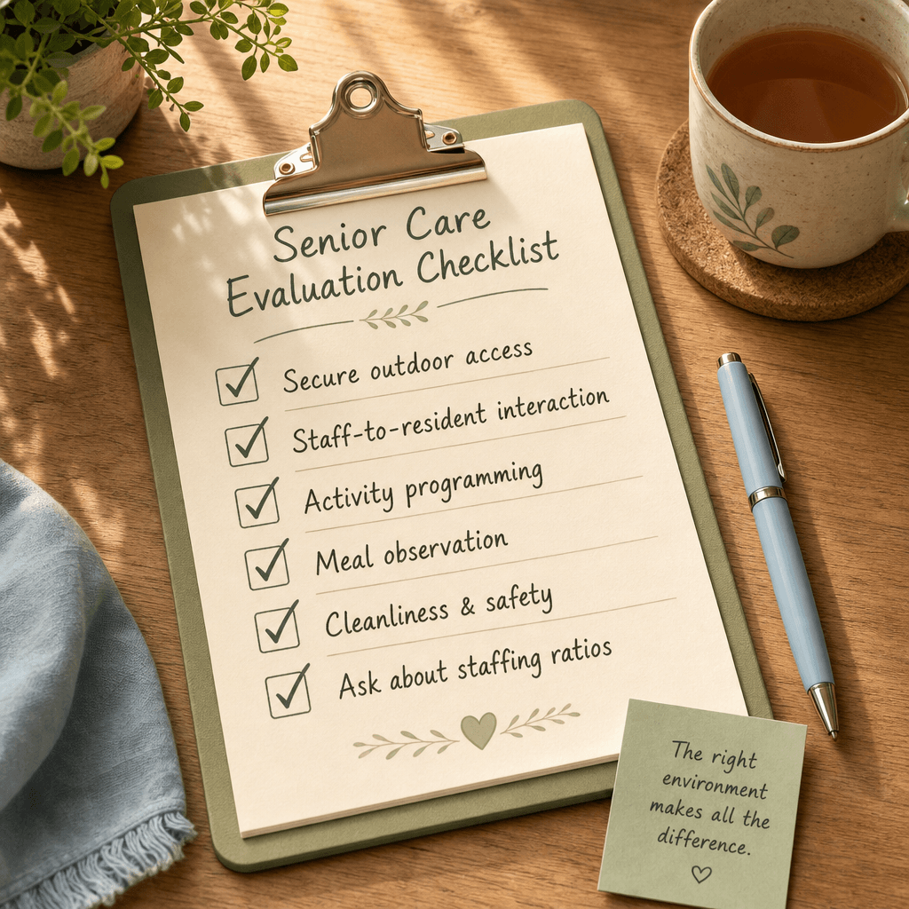 A top-down editorial illustration of a clipboard on a warm wooden table. The clipboard holds a checklist with handwritten-style check marks next to categories including 'Secure outdoor access', 'Staff-to-resident interaction', 'Activity programming', 'Meal observation', 'Cleanliness & safety', and 'Ask about staffing ratios'.