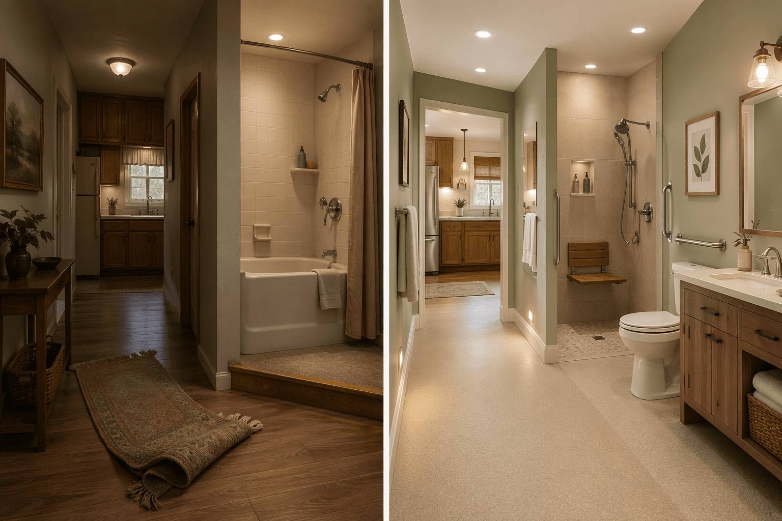 Split-view illustration of a home interior showing common hazards on the left and modified safety features on the right.
