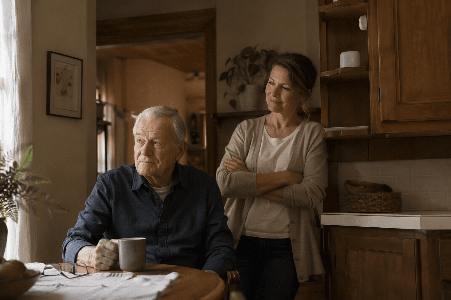 Elderly man and adult daughter in a warm kitchen with subtle passive sensors visible