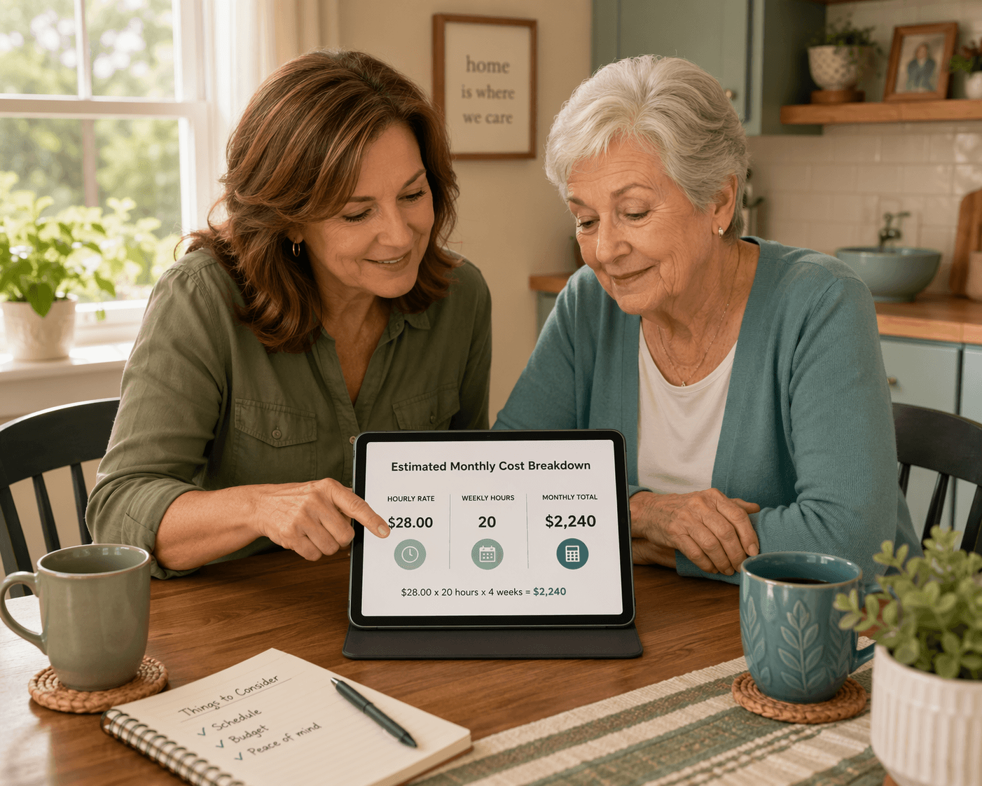 A middle-aged woman and her older mother sitting at a kitchen table looking at a tablet showing a cost breakdown.