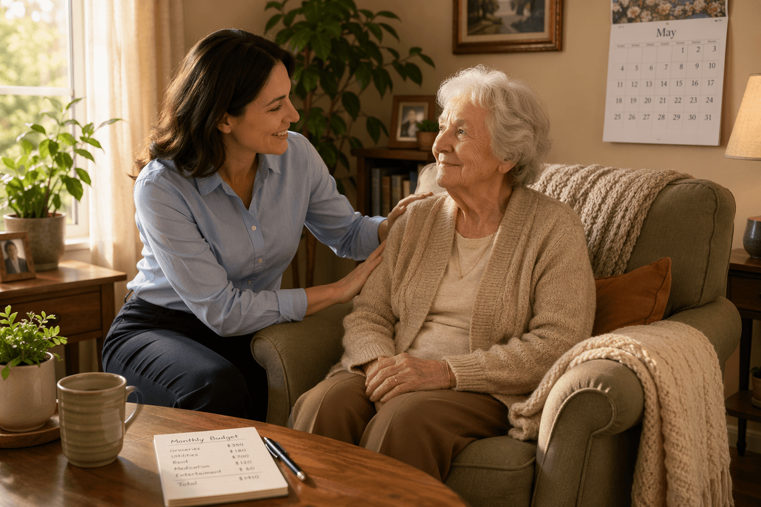 A home care aide gently assists an older woman in a sunlit living room, with a budget notepad and calendar visible on the coffee table.