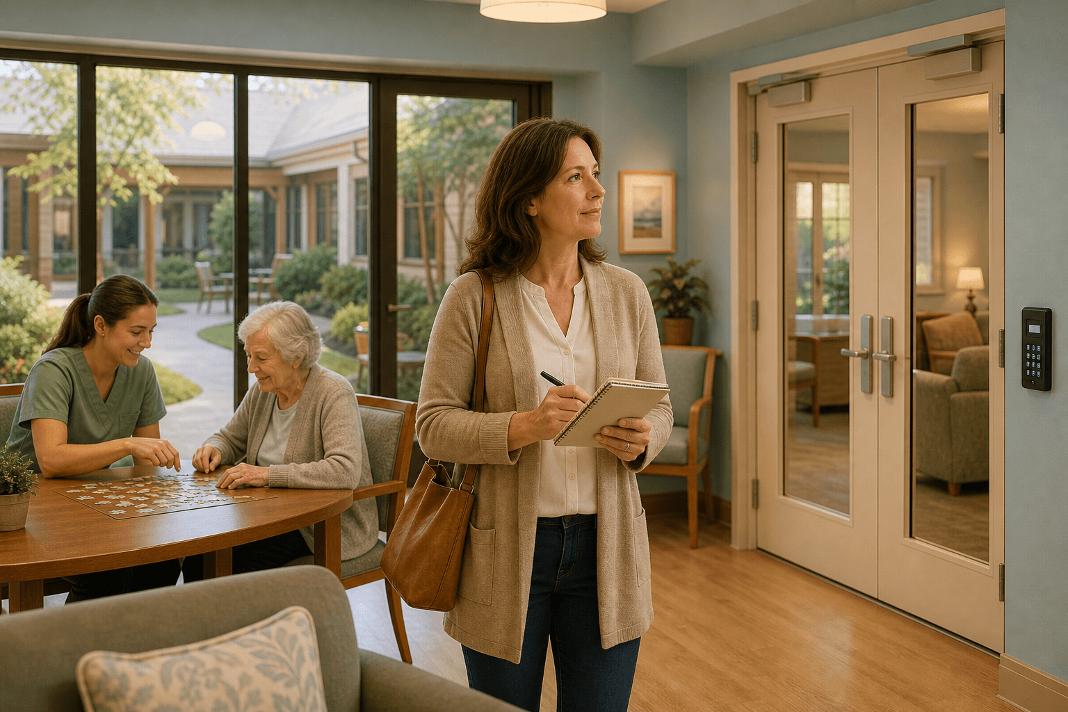 Interior scene of an adult child touring a memory care community, standing in a bright common area with natural light, observing a secure enclosed courtyard visible through glass doors.