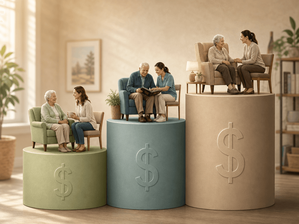 Editorial illustration showing three tiered platforms in ascending height representing increasing cost levels for assisted living (lowest, sage green), memory care (mid-height, muted teal), and nursing home (tallest, warm beige-taupe).