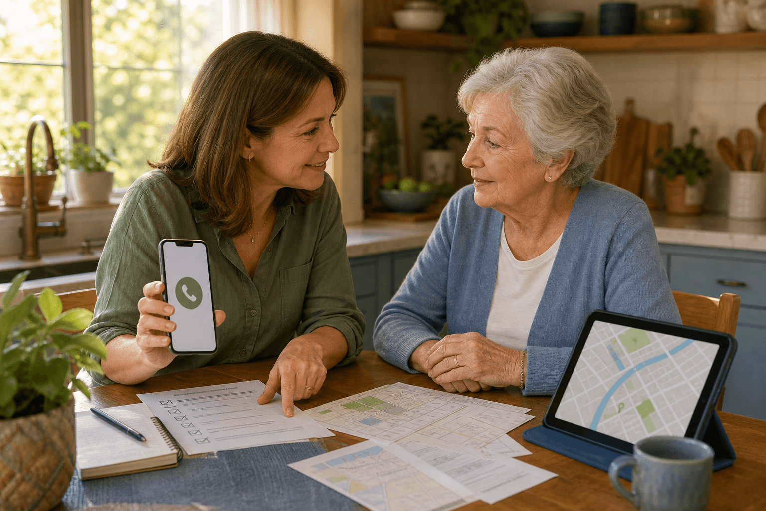 A middle-aged daughter and her elderly mother seated at a sunlit kitchen table with papers, a checklist, a smartphone, and a tablet spread out, planning together in a calm, collaborative mood.