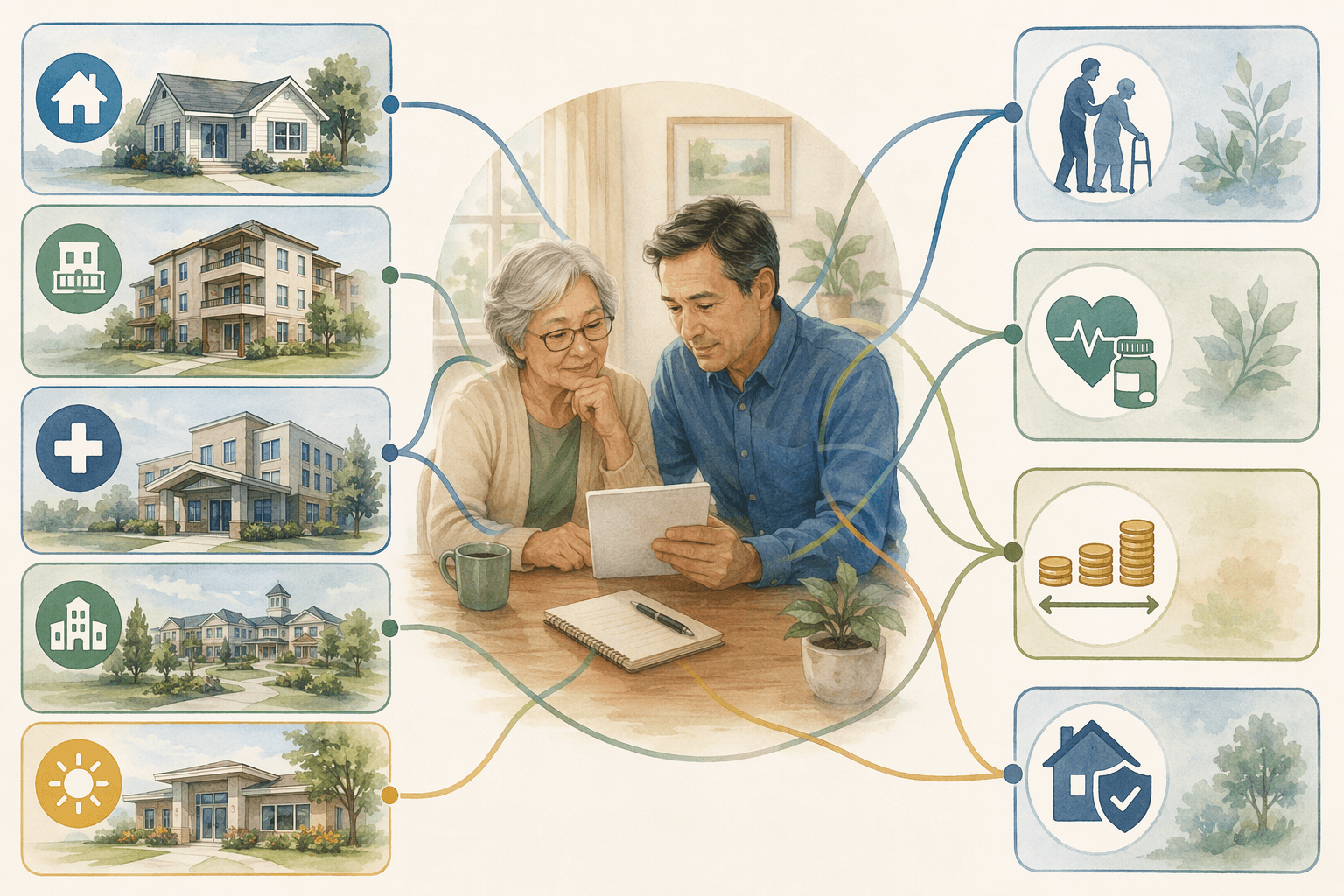 A decision matrix infographic showing icons of elderly care settings connected by branching flow lines to decision factors, with a warm-toned scene of an adult child and older parent discussing options at a table.
