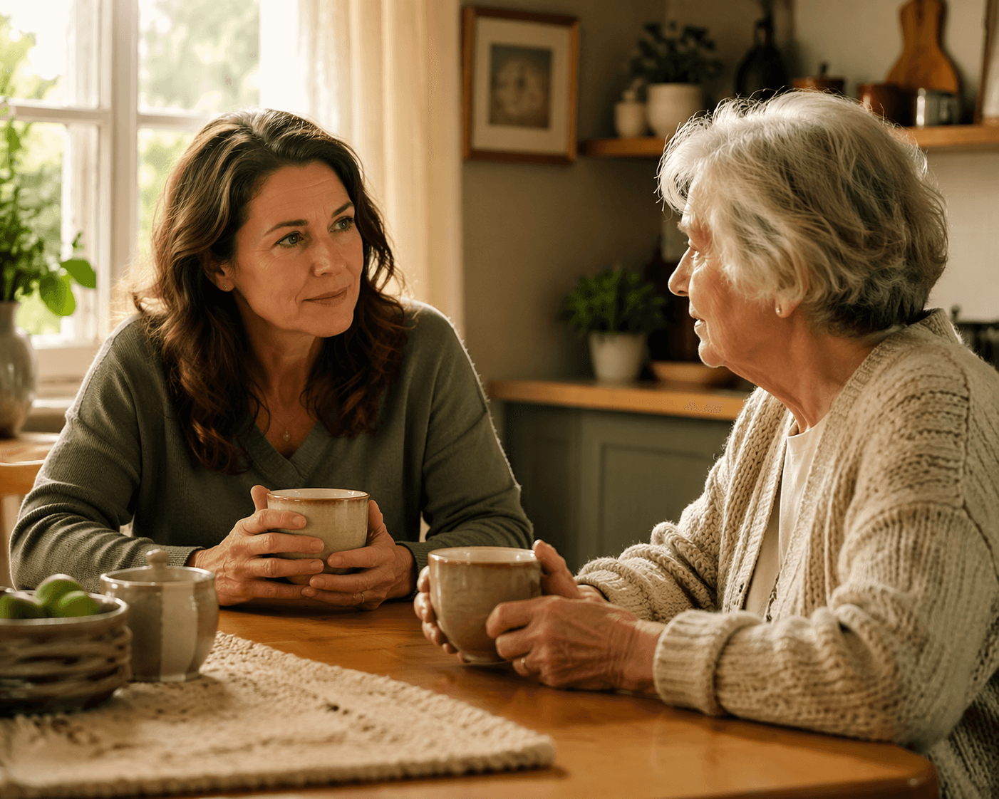 An adult child and an elderly parent sit facing each other at a wooden kitchen table, both holding coffee mugs, engaged in a gentle but serious conversation.