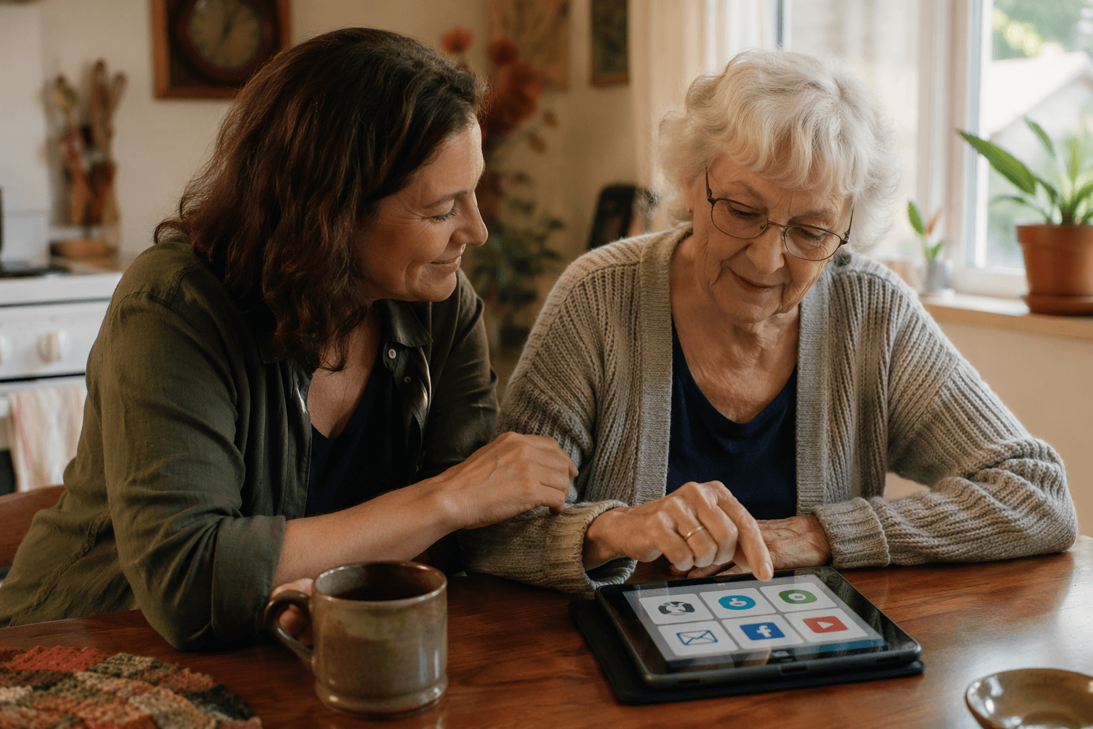 An adult child in their 40s sits beside an older parent in their 70s at a wooden kitchen table lit by warm window light, both looking at a tablet the older adult is touching, the tablet screen showing large colorful icons, with plants and soft earth tones in the background